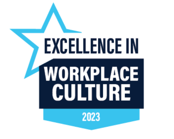 A blue star with the words " excellence in workplace culture 2 0 2 3 ".